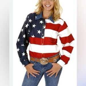 Vintage inspo USA Flag Button Down Patriotic Stars & Stripes Denim Collar sz 1X